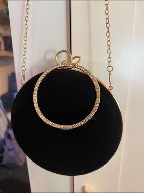 Black Velvet Round Clutch with Gold Crystal Hoop